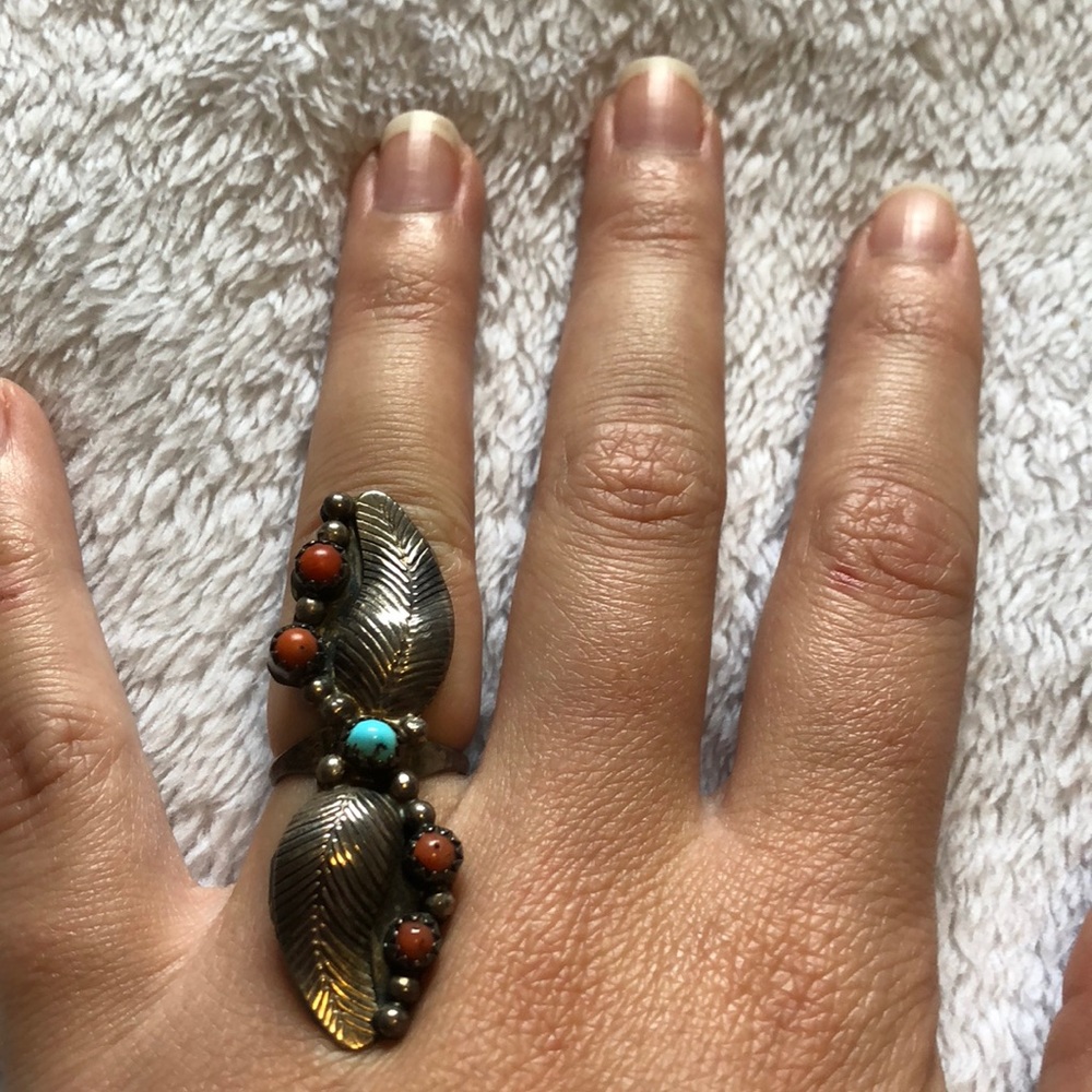 Turquoise and coral leaf ring